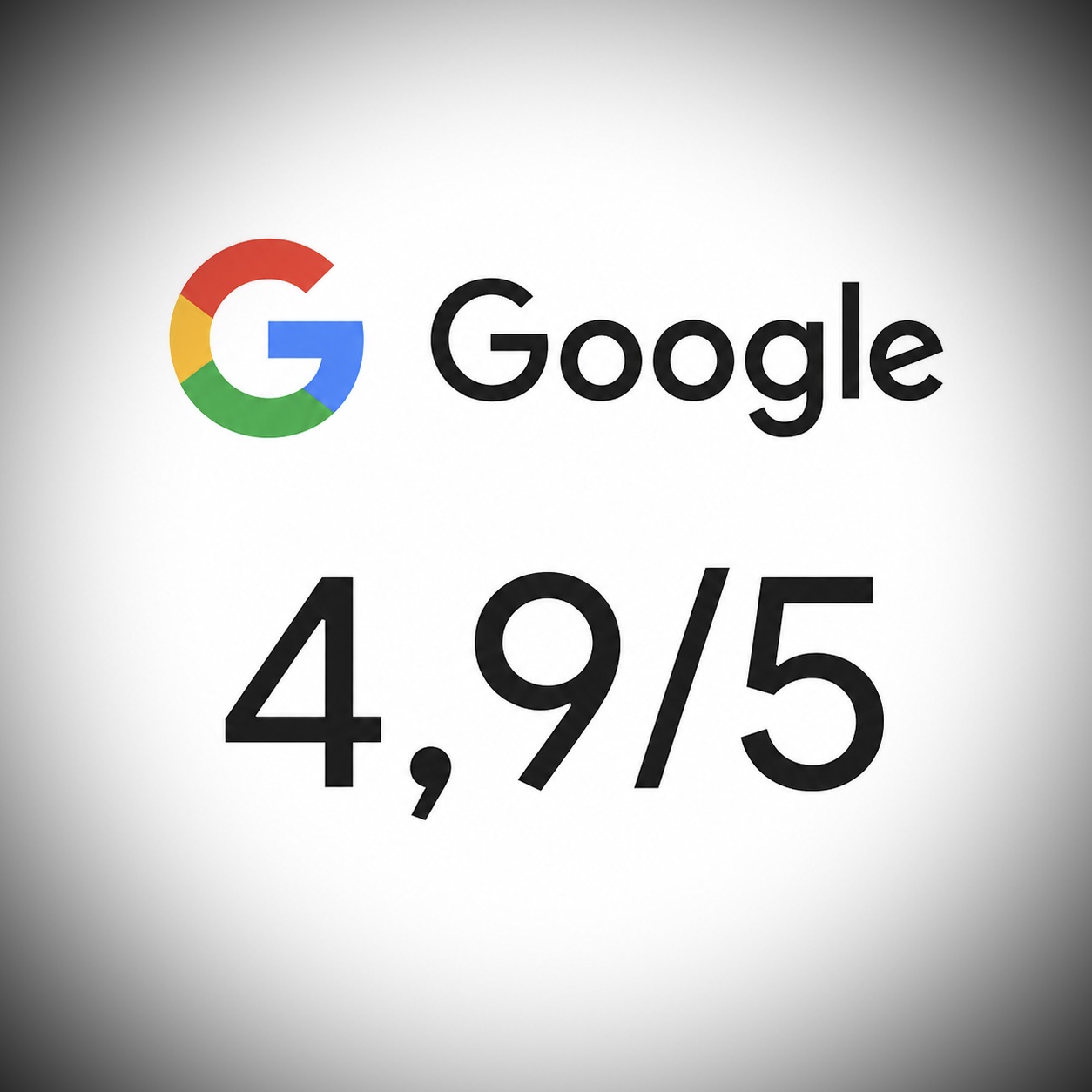 Beoordelingskaart met Google-logo, score 4,9/5 en tekst “10 reviews” in een witte balk. de tekst van 10 reviews moet weg, en de kader errond verwijderen zodat enkle het G logo en score blijft staan